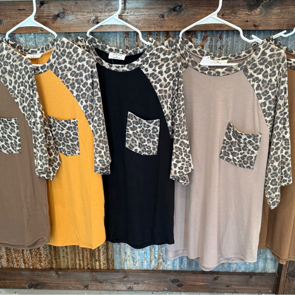 Zenana Outfitters Leopard Print Short Sleeve Tops - Black, Yellow, Brown, Tan